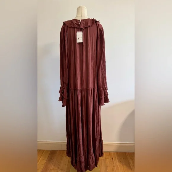 Free People Sweet Darling Long Sleeve Ruffle Dress in Brown -Boho -Size: S NWT! - Picture 9 of 11